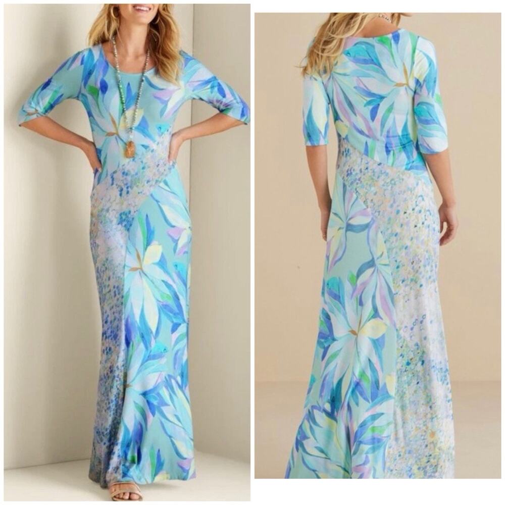 Resort Tropical Maxi Dress L Soft Surroundings Blue Floral Stretch Travel Boho